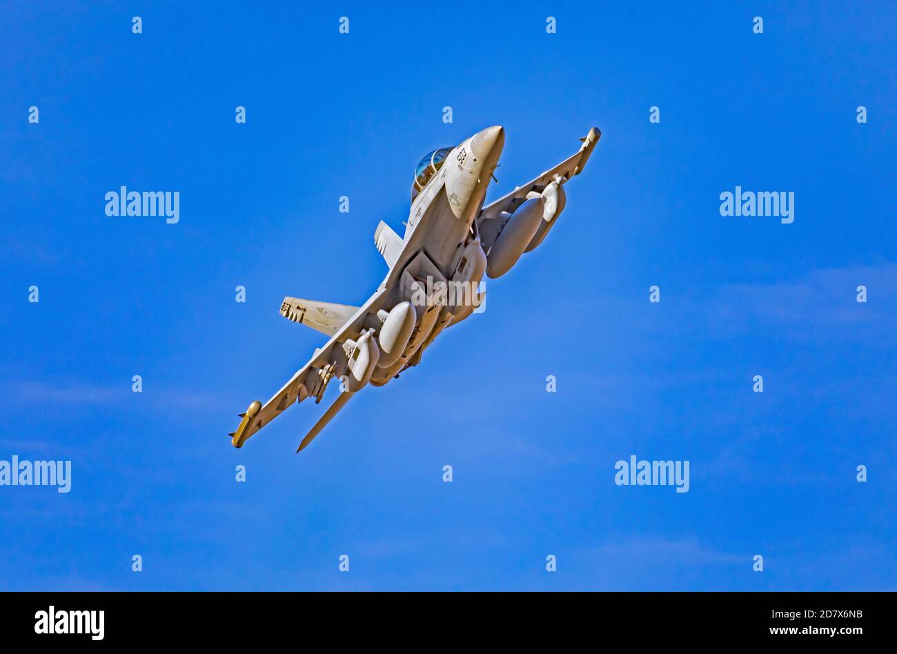 In this shot Boeing EA-18G Growler #503 makes a banking turn after taking off from Hill Air Force Base in Layton, Davis County, Utah, USA. Stock Photo