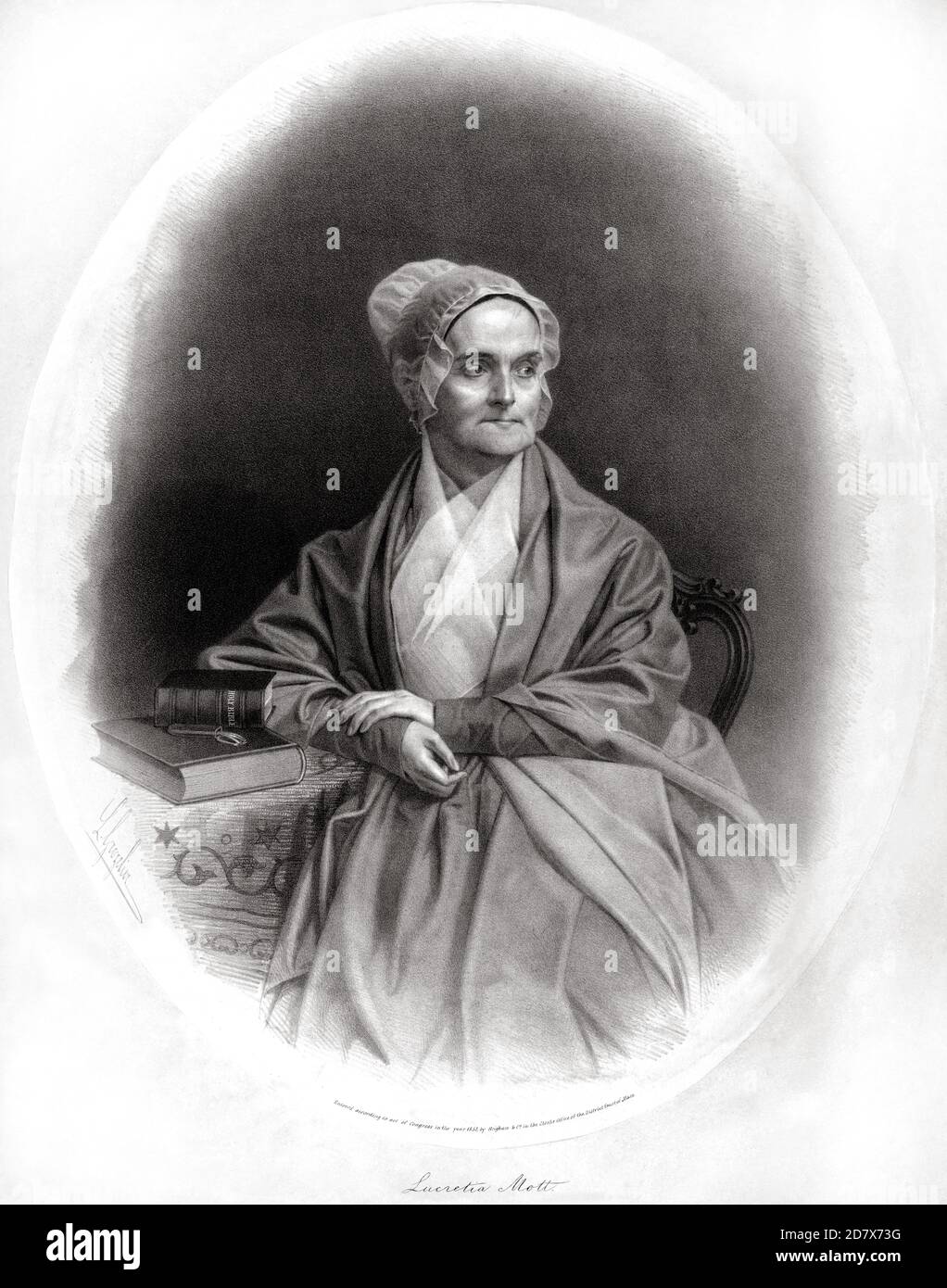 1853 , USA : The american Quaker , abolitionist , Women's Rights activist and social reformer LUCRETIA MOTT ( born COFFIN , 1793 - 1880 ). Portrait by Leopold Grozelier ( 1830 - 1865 ), printed by Brigham &Co.  .- USA - ritratto - portrait  - RIFORMISTA - Anti-slavery movement - RIFORMISMO SOCIALE - FEMMINISTA - FEMINIST - ABOLIZIONISMO - ABOLIZIONISTA - ANTI-SCHIAVISMO - anti schiavismo - ANTI-SCHIAVISTA  - HOLY BIBLE - BIBBIA - cuffia - hat - cappello - older woman - donna anziana vecchia ---  Archivio GBB Stock Photo