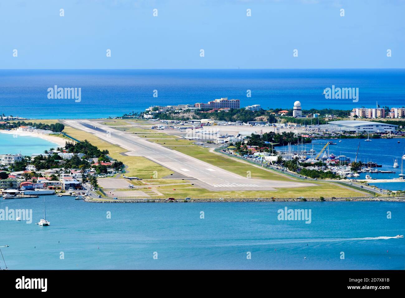 St Maarten Airport, also know as Princess Juliana International Airport (PJIA). Runway of Saint Martin / Sint Maarten airport (SXM / TNCM). Stock Photo