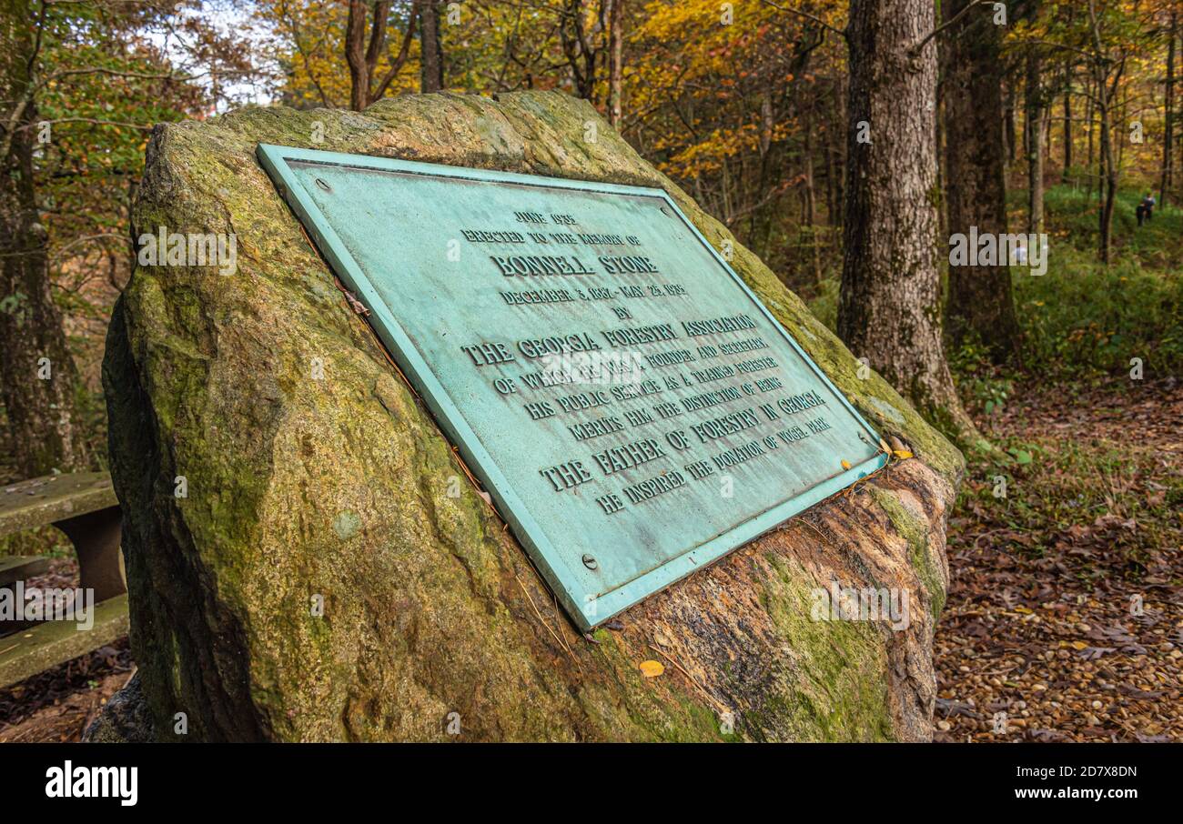 Memorial along the Appalachian Trail for Bonnell Stone. Known as the Father of Forestry in Georgia, he inspired the donation of Vogel Park. (USA) Stock Photo