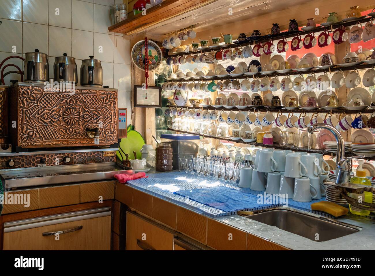 Interior of the traditional tea shop in Turkey. Stock Photo