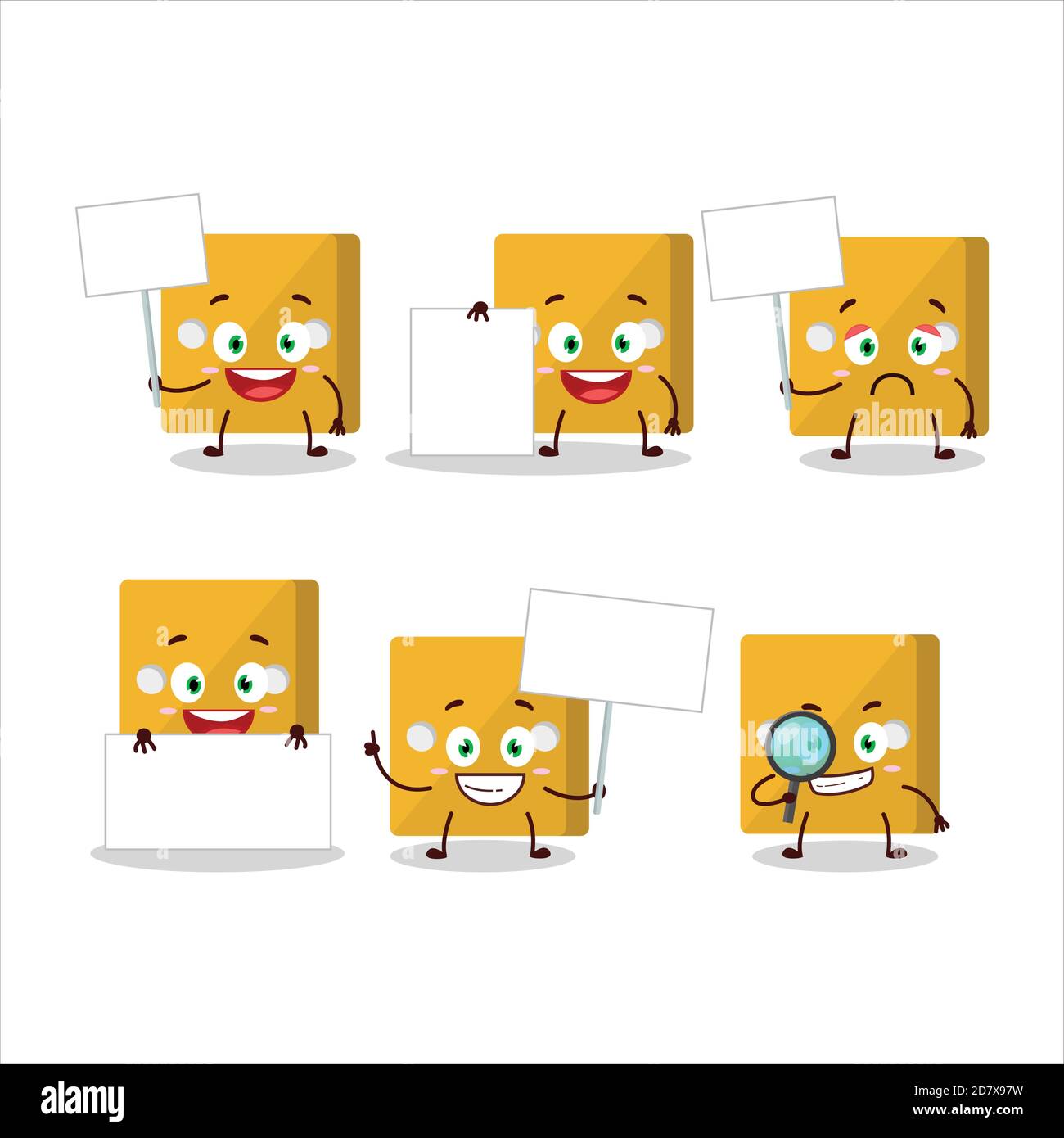 Yellow dice cartoon character bring information board Stock Vector