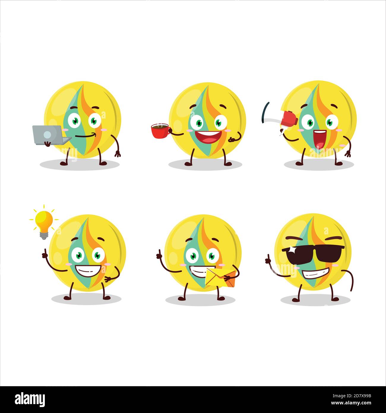 Yellow marbles cartoon character with various types of business ...