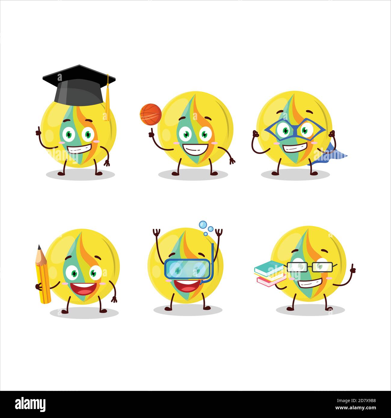 School student of yellow marbles cartoon character with various expressions Stock Vector