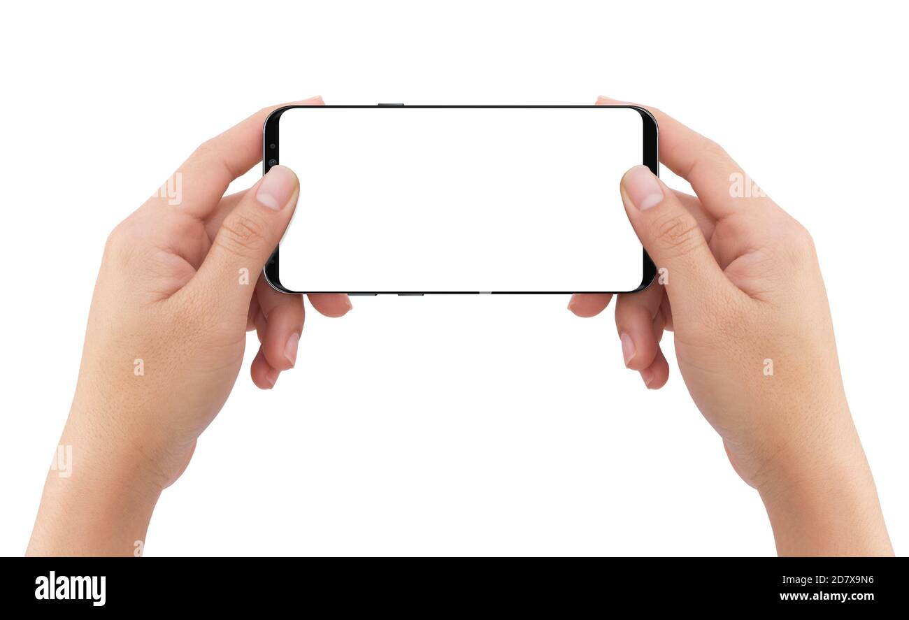 Isolated human two hands holding black mobile white screen smart phone mockup Stock Photo