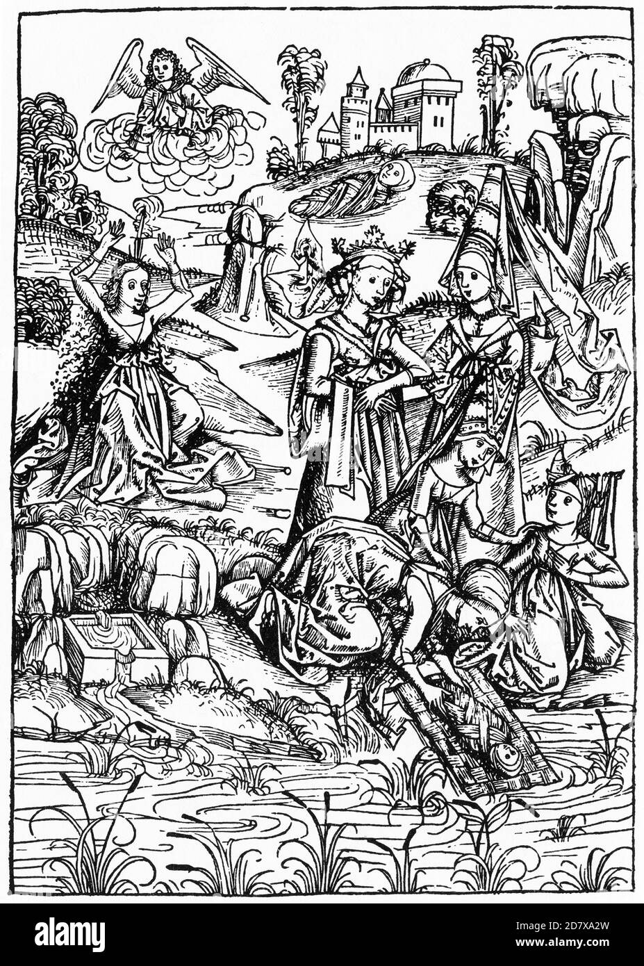 Medieval woodcut of the finding of Moses, probably from the 1400s. Stock Photo