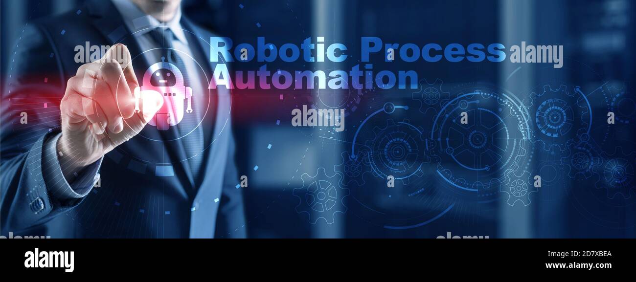 RPA Robotic Process Automation. Technology concept on virtual screen. Ai algorithm analyze Business. Stock Photo