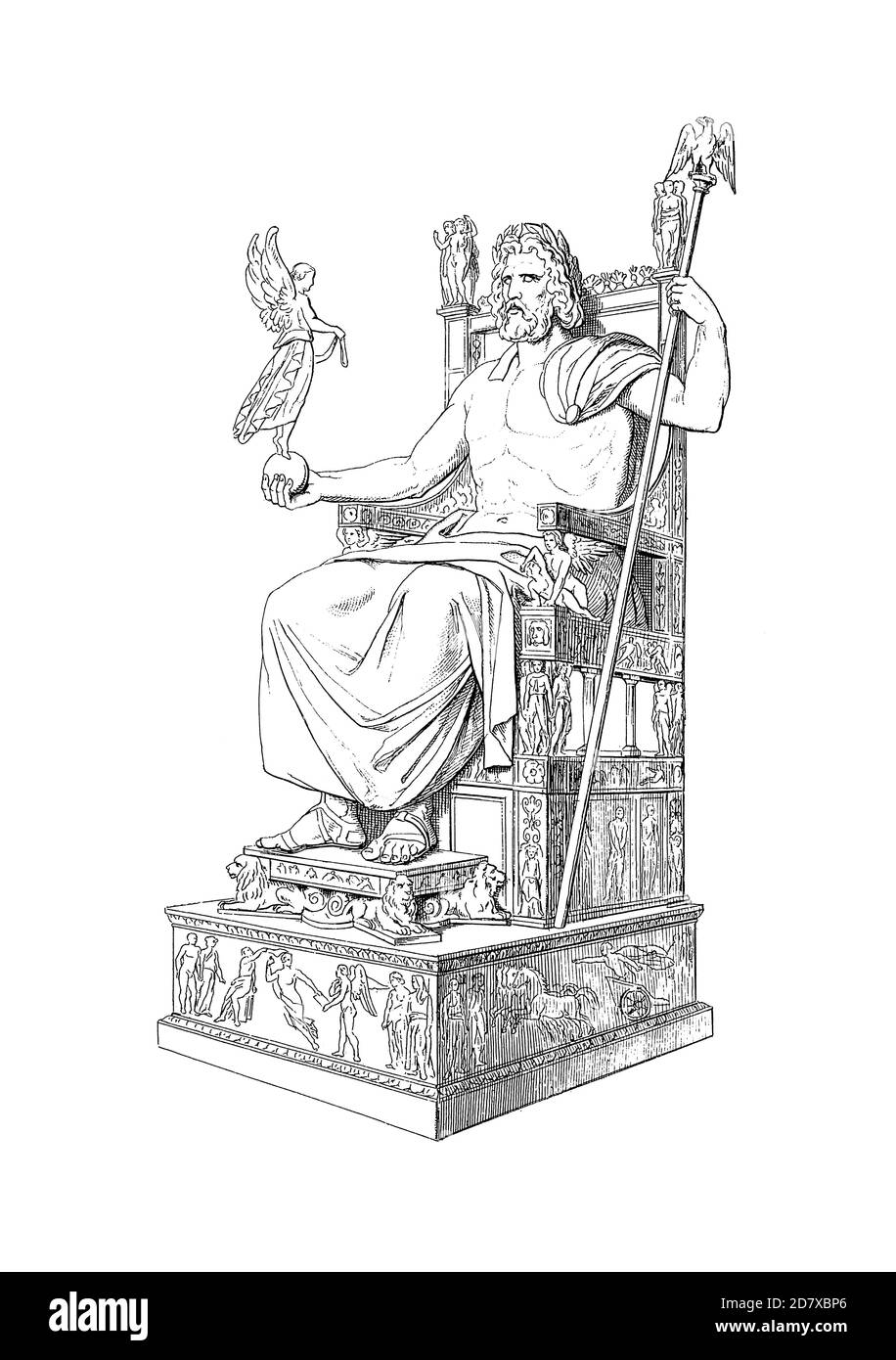 Antique 19th-century illustration depicting statue of Zeus at Olympia. Engraving published in Systematischer Bilder Atlas - Bauwesen, Ikonographische Stock Photo