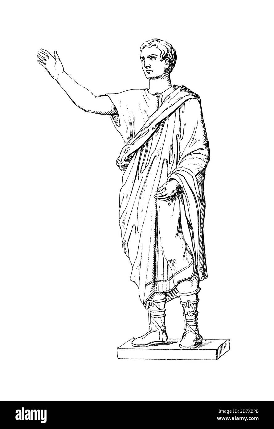 Antique illustration depicting sculpture of Etruscan orator. Engraving published in Systematischer Bilder Atlas - Bauwesen, Ikonographische Encyklopae Stock Photo