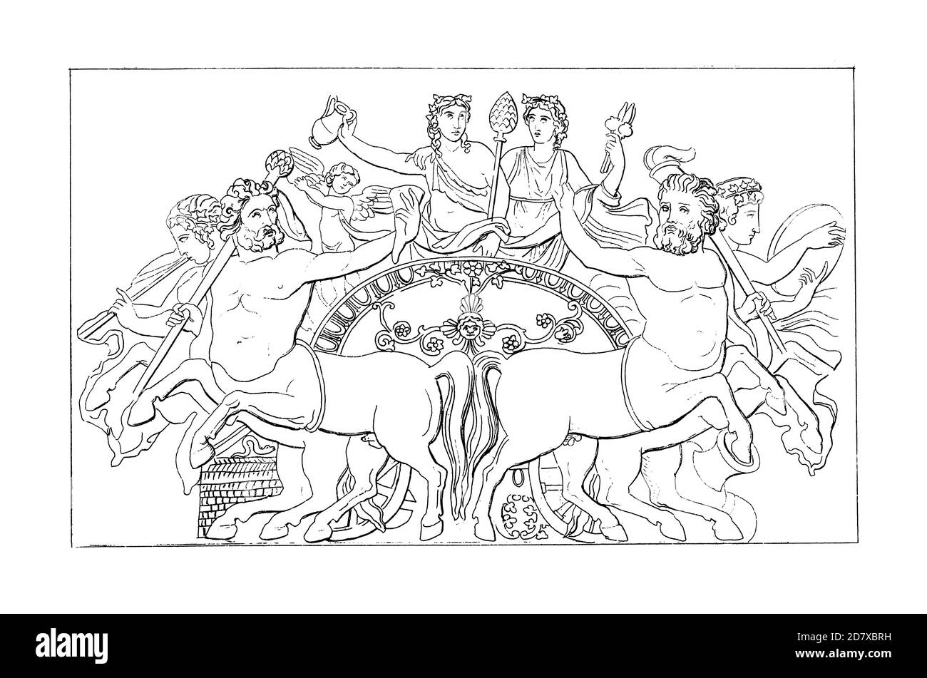 Antique 19th-century illustration of Persephone and Dionysus. Engraving published in Systematischer Bilder Atlas - Bauwesen, Ikonographische Encyklopa Stock Photo