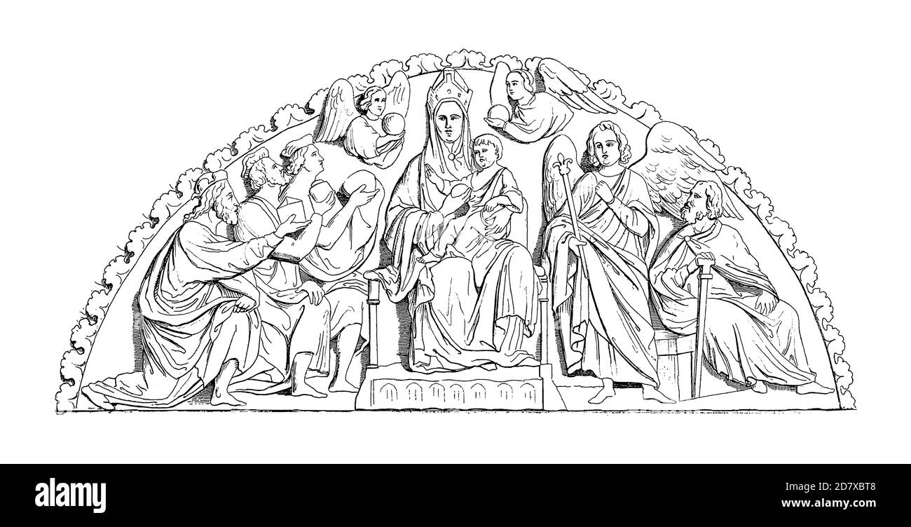 19th-century engraving depicting Golden Gate sculptures in Freiberg Cathedral. Illustration published in Systematischer Bilder Atlas - Bauwesen, Ikono Stock Photo