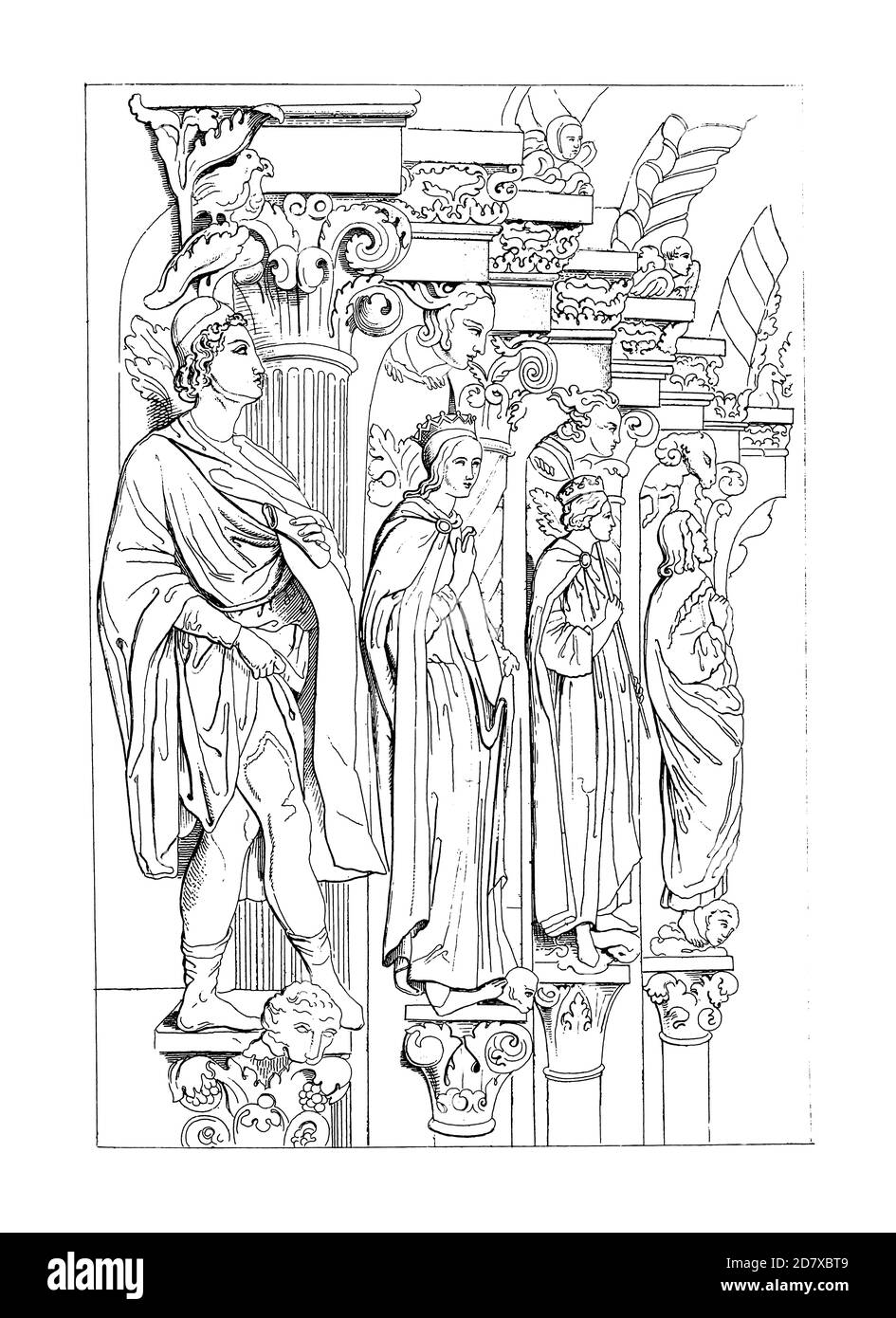 19th-century illustration depicting Golden Gate sculptures in Freiberg Cathedral. Engraving published in Systematischer Bilder Atlas - Bauwesen, Ikono Stock Photo