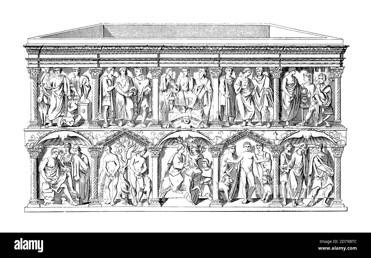 Antique engraving of the Sarcophagus of Junius Bassus. Illustration published in Systematischer Bilder Atlas - Bauwesen, Ikonographische Encyklopaedie Stock Photo