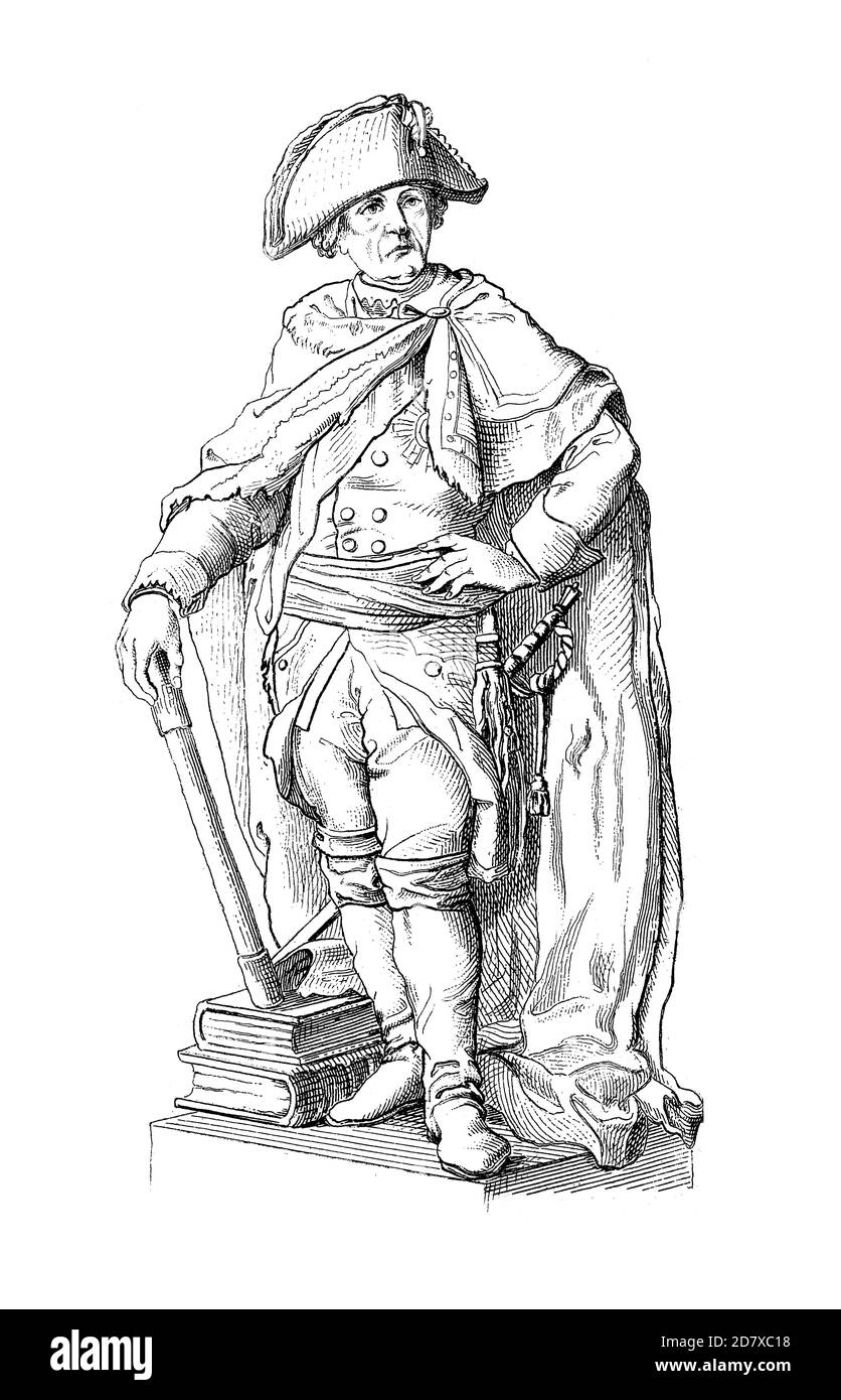 Antique engraving depicting the monument of Frederick the Great by Johann Gottfried Schadow in Szczecin, Poland. Illustration published in Systematisc Stock Photo