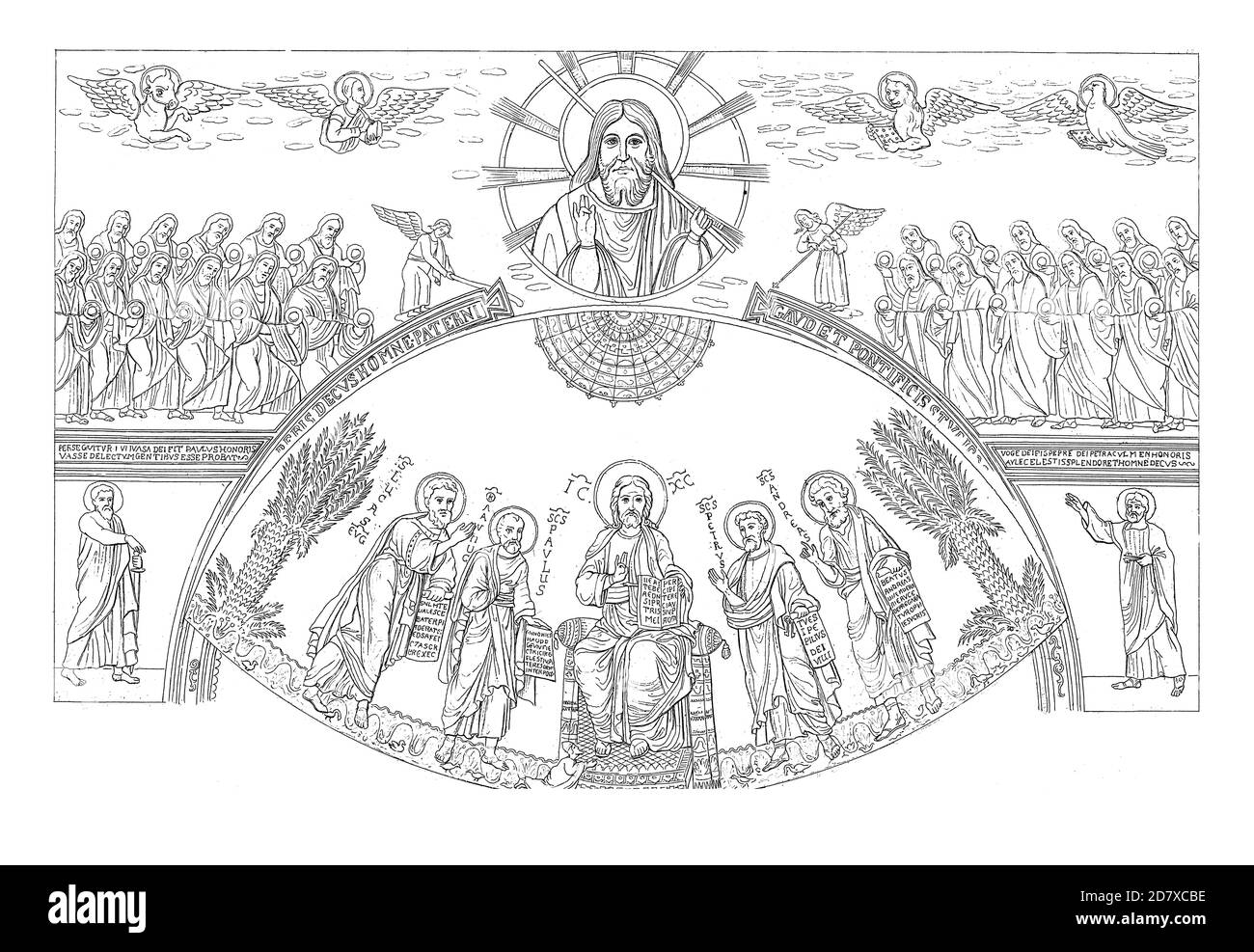 19th-century engraving depicting apse mosaic from the Basilica of Saint Paul in Rome, Italy. Illustration published in Systematischer Bilder Atlas - B Stock Photo