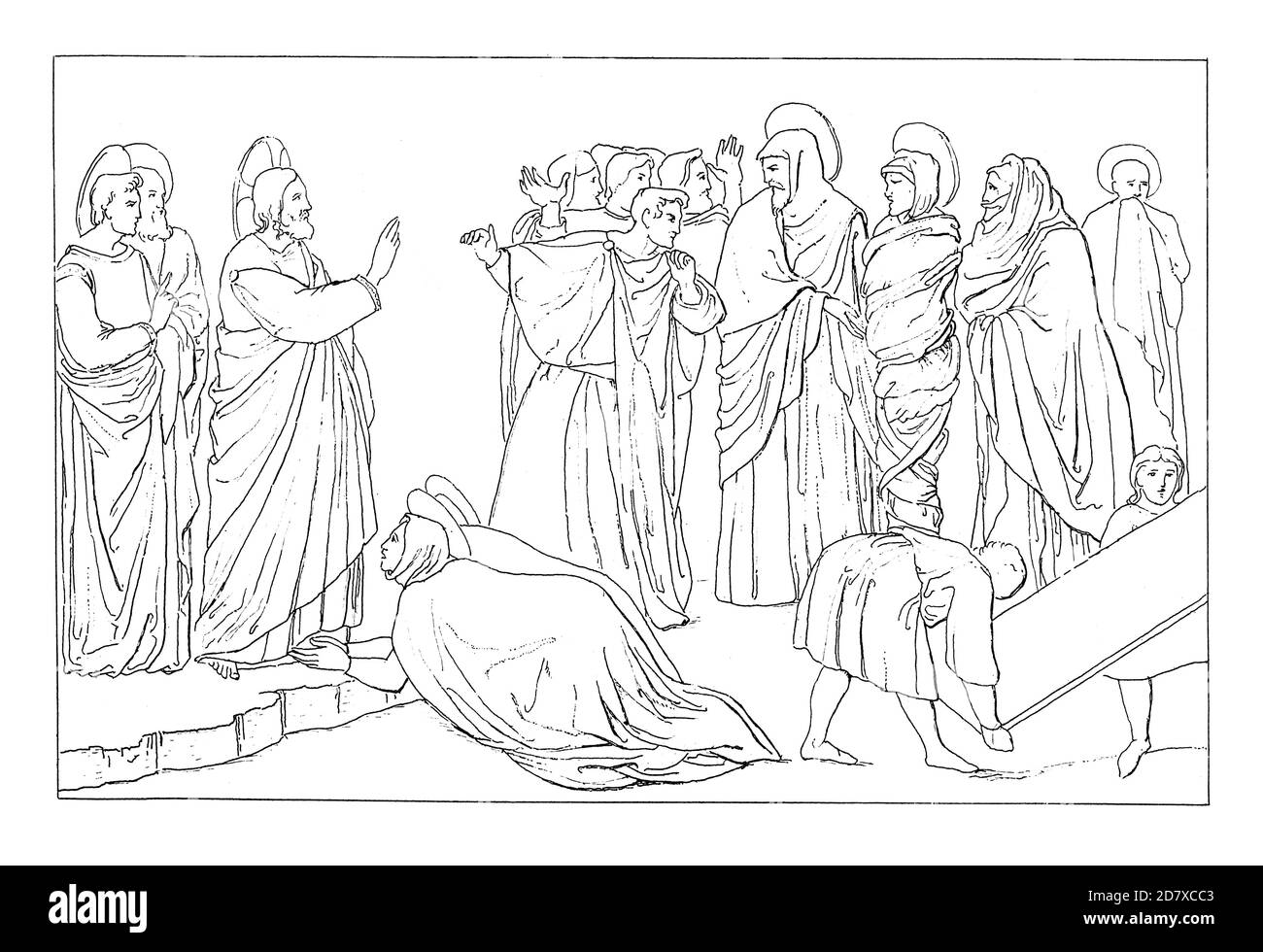 Antique 19th-century illustration depicting The Raising of Lazarus by Giotto in Scrovegni Chapel, Padua, Italy. Engraving published in Systematischer Stock Photo