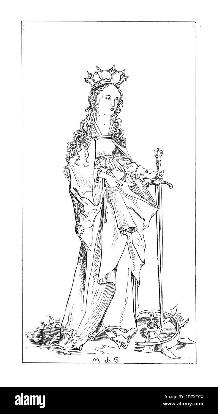 Antique illustration depicting Saint Catherine of Alexandria, painting by Martin Schongauer, German painter. Engraving published in Systematischer Bil Stock Photo
