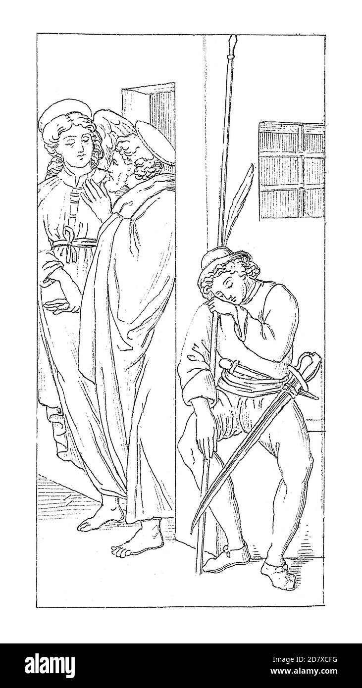 19th-century illustration depicting St. Peter Freed from Prison by Filippo Lippi, Italian painter (1406 - 1469). Illustration published in Systematisc Stock Photo