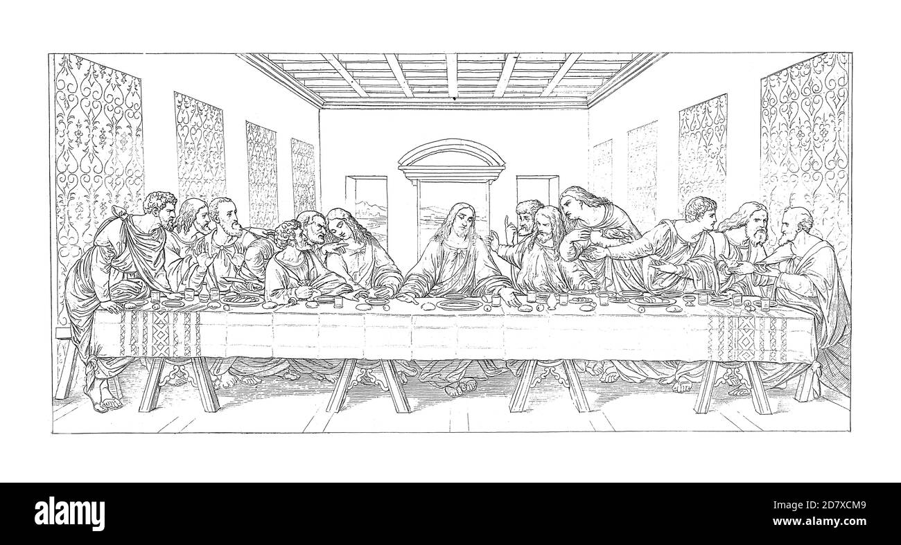 Antique illustration depicting The Last Supper, painting by Leonardo da Vinci. Engraving published in Systematischer Bilder Atlas - Bauwesen, Ikonogra Stock Photo