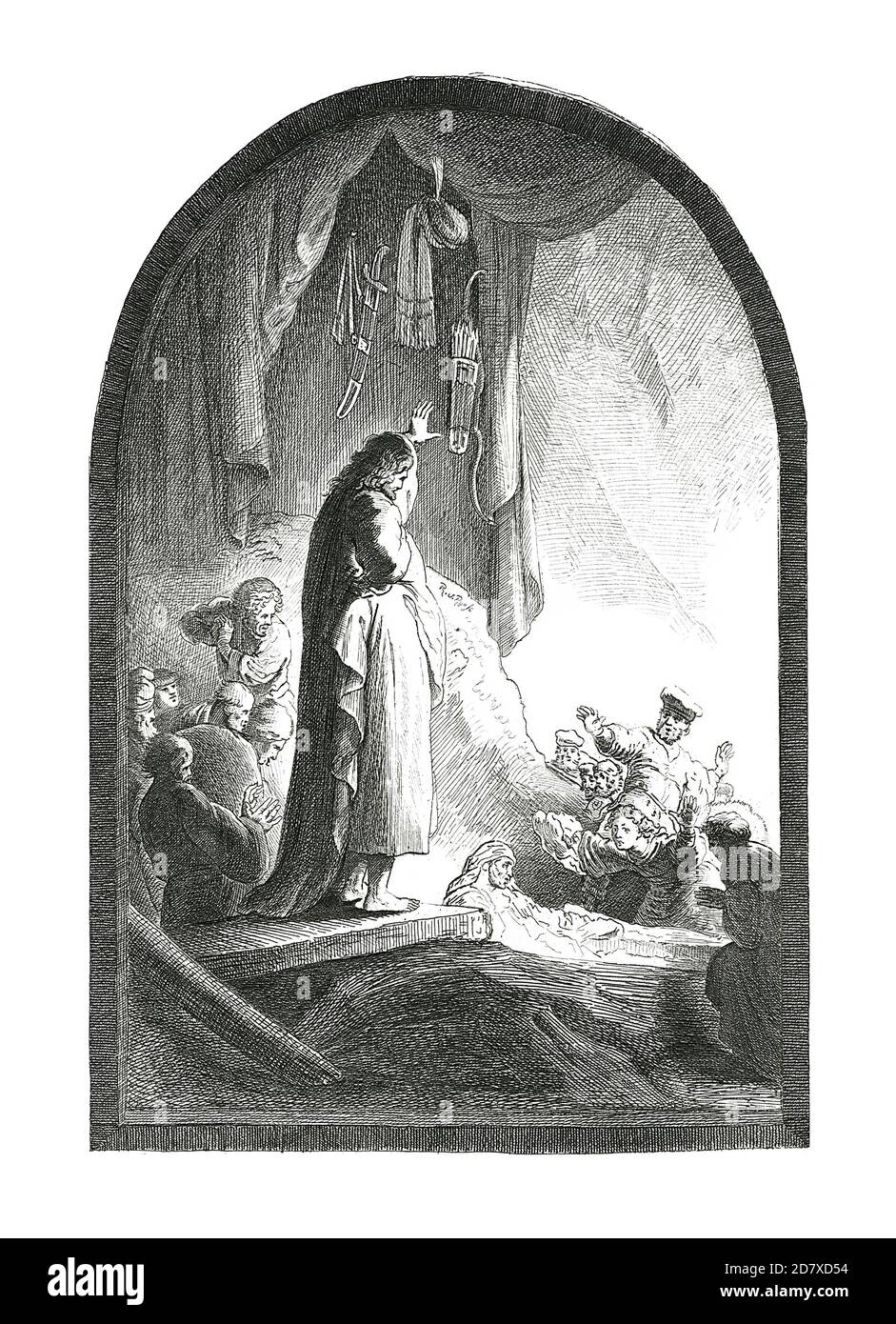 Antique 19th-century illustration depicting The Raising of Lazarus, painting by Rembrandt. He was born on July 15, 1606 in Leiden, Netherlands and die Stock Photo
