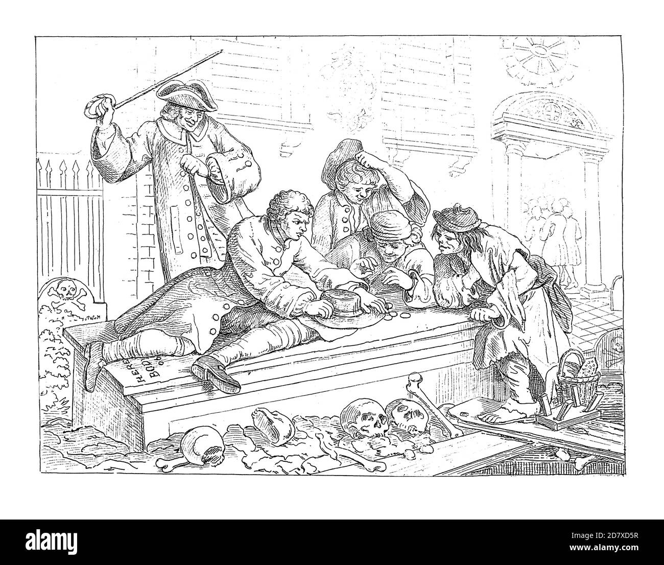 19th-century illustration depicting The Idle 'Prentice at Play in the Church Yard, during Divine Service, plate from 12 plot-linked engravings (called Stock Photo