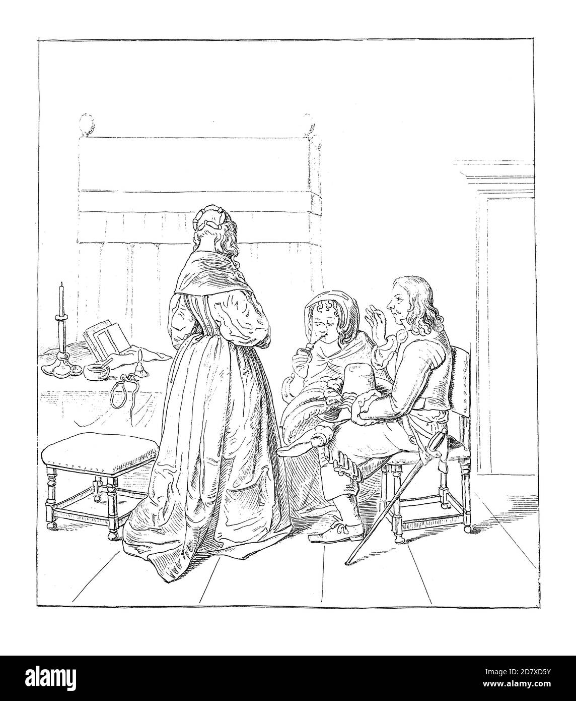 Antique engraving depicting The Paternal Admonition, painting by Gerard ter Borch. He was born in December 1617 in Zwolle, Netherlands and died on Dec Stock Photo