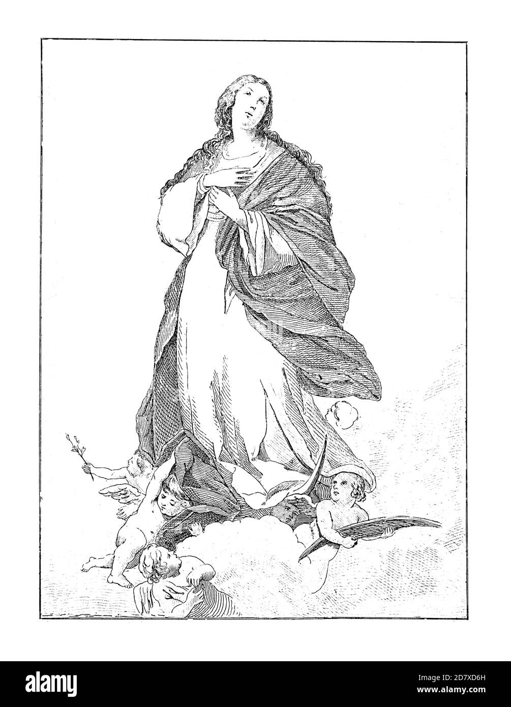 19th-century engraving depicting Immaculate Conception of Mary, painting by Bartolome Esteban Murillo. He was born on December 31, 1617 in Seville, Sp Stock Photo