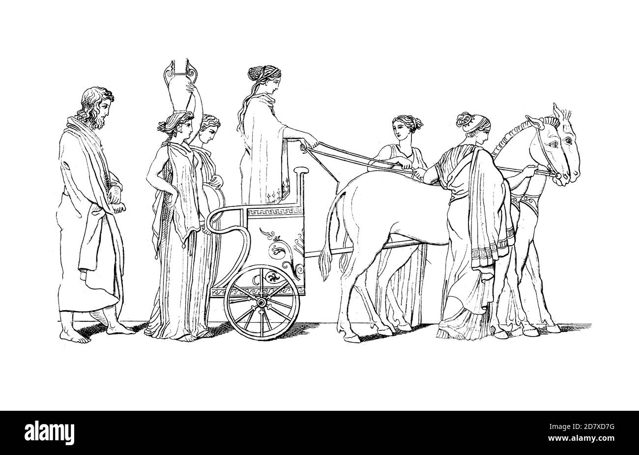 Antique illustration depicting Odysseus follows Nausicaa's Wagon, drawing by John Flaxman. He was born on July 6, 1755 in York, England and died on De Stock Photo