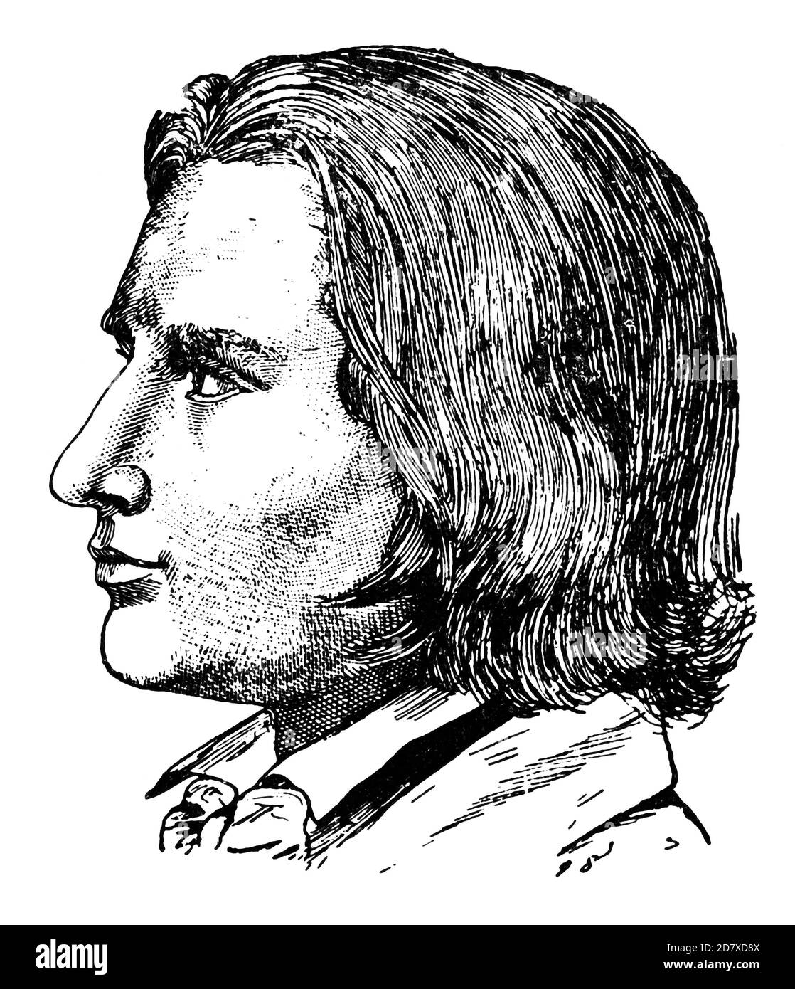 Portrait of Franz Liszt (at the age of 25) - a Hungarian composer, virtuoso pianist, conductor, music teacher, arranger, and organist of the Romantic era. Illustration of the 19th century. White background. Stock Photo