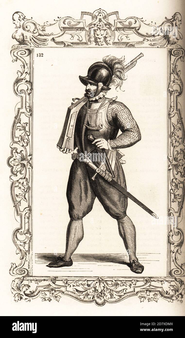 16th century Italian infantryman. He wears a helmet, breastplate, doublet and breeches, carries an arquebus or flintlock musket, sword and pistol. Within a decorative frame engraved by H. Catenacci and Fellmann. Woodblock engraving by Gerard Seguin and E.F. Huyot after a woodcut by Christoph Krieger from Cesare Vecellio’s 16th century Costumes anciens et modernes, Habiti antichi et moderni di tutto il mondo, Firman Didot Ferris Fils, Paris, 1859-1860. Stock Photo