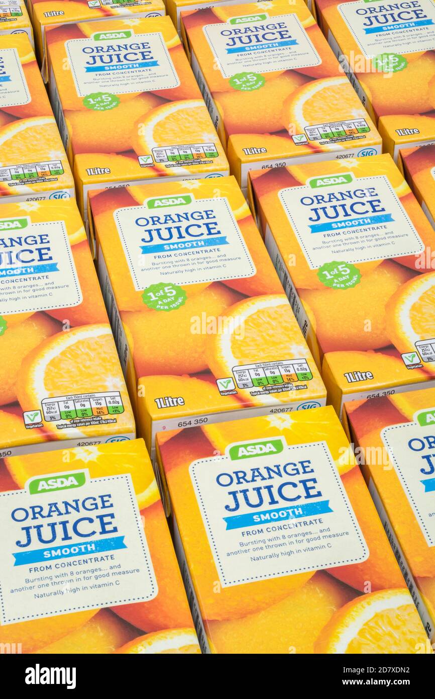ASDA orange juice cartons & labelling showing sugar / carbohydrate