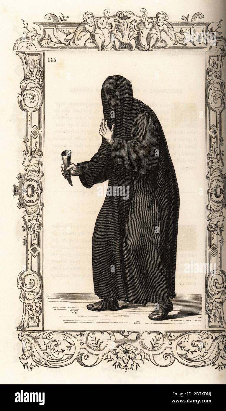 Costume of an alms beggar in the churches and street corners of Venice, 16th century. He wears a long black robe with hood and eyeholes, and holds a paper cornet for alms. Within a decorative frame engraved by H. Catenacci and Fellmann. Woodblock engraving by Gerard Seguin and E.F. Huyot after a woodcut by Christoph Krieger from Cesare Vecellio’s 16th century Costumes anciens et modernes, Habiti antichi et moderni di tutto il mondo, Firman Didot Ferris Fils, Paris, 1859-1860. Stock Photo