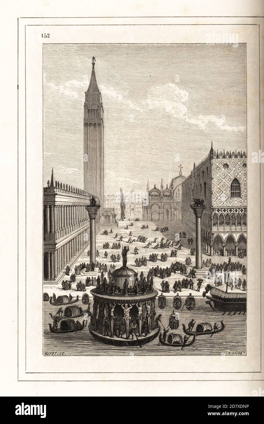 View of the Piazza San Marco, Venice, 16th century. Gondolas bring people to the square, with its columns of San Marco and San Todaro, St Mark’s Basilica and Campanile, Marciana Library, Doge’s Palace and the building of the Compagnie della Calza. Within a decorative frame engraved by H. Catenacci and Fellmann. Woodblock engraving by F. Huyot after A. Racinet after a woodcut by Christoph Krieger from Cesare Vecellio’s 16th century Costumes anciens et modernes, Habiti antichi et moderni di tutto il mondo, Firman Didot Ferris Fils, Paris, 1859-1860. Stock Photo