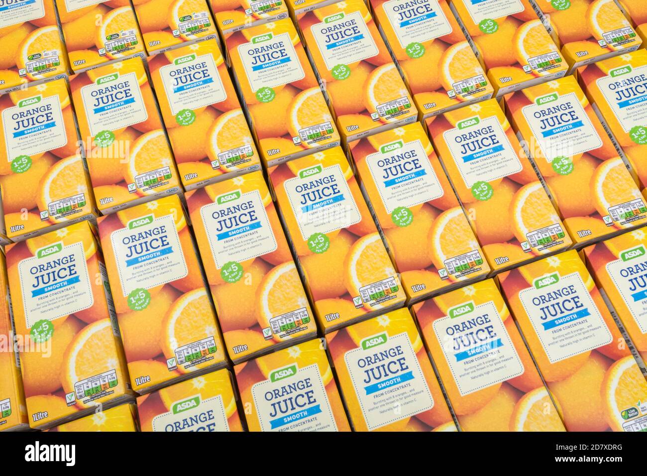 ASDA orange juice cartons & labelling showing sugar / carbohydrate
