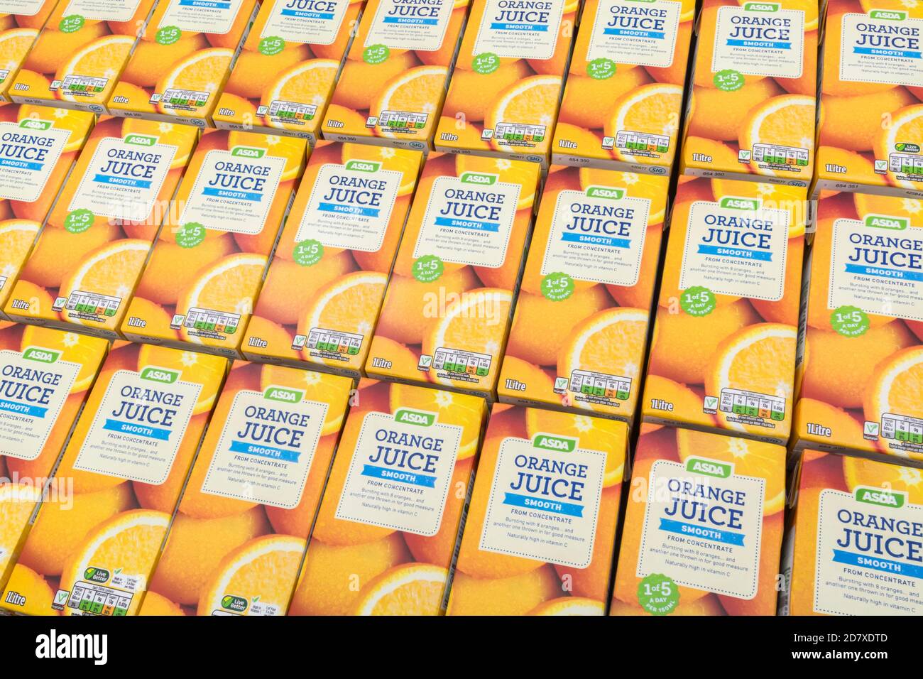 ASDA orange juice cartons & labelling showing sugar / carbohydrate
