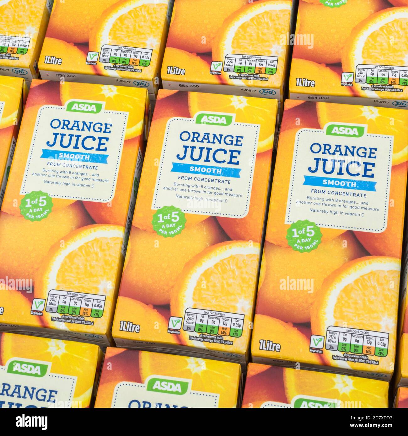 ASDA orange juice cartons & labelling showing sugar / carbohydrate