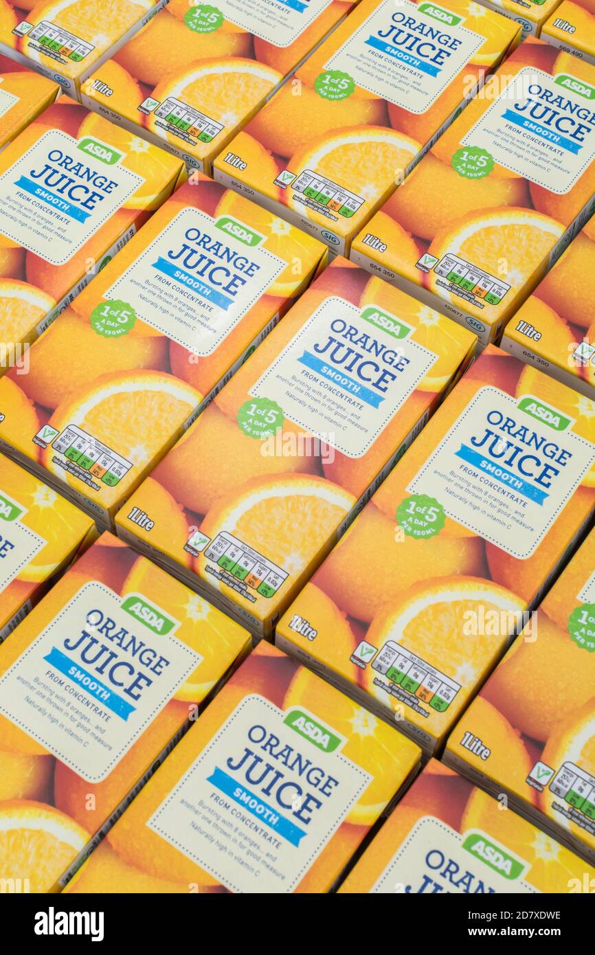 ASDA orange juice cartons labelling showing sugar carbohydrate content. For own label food packaging food labels. Vitamin C intake 1 of 5 SIG Stock Photo Alamy