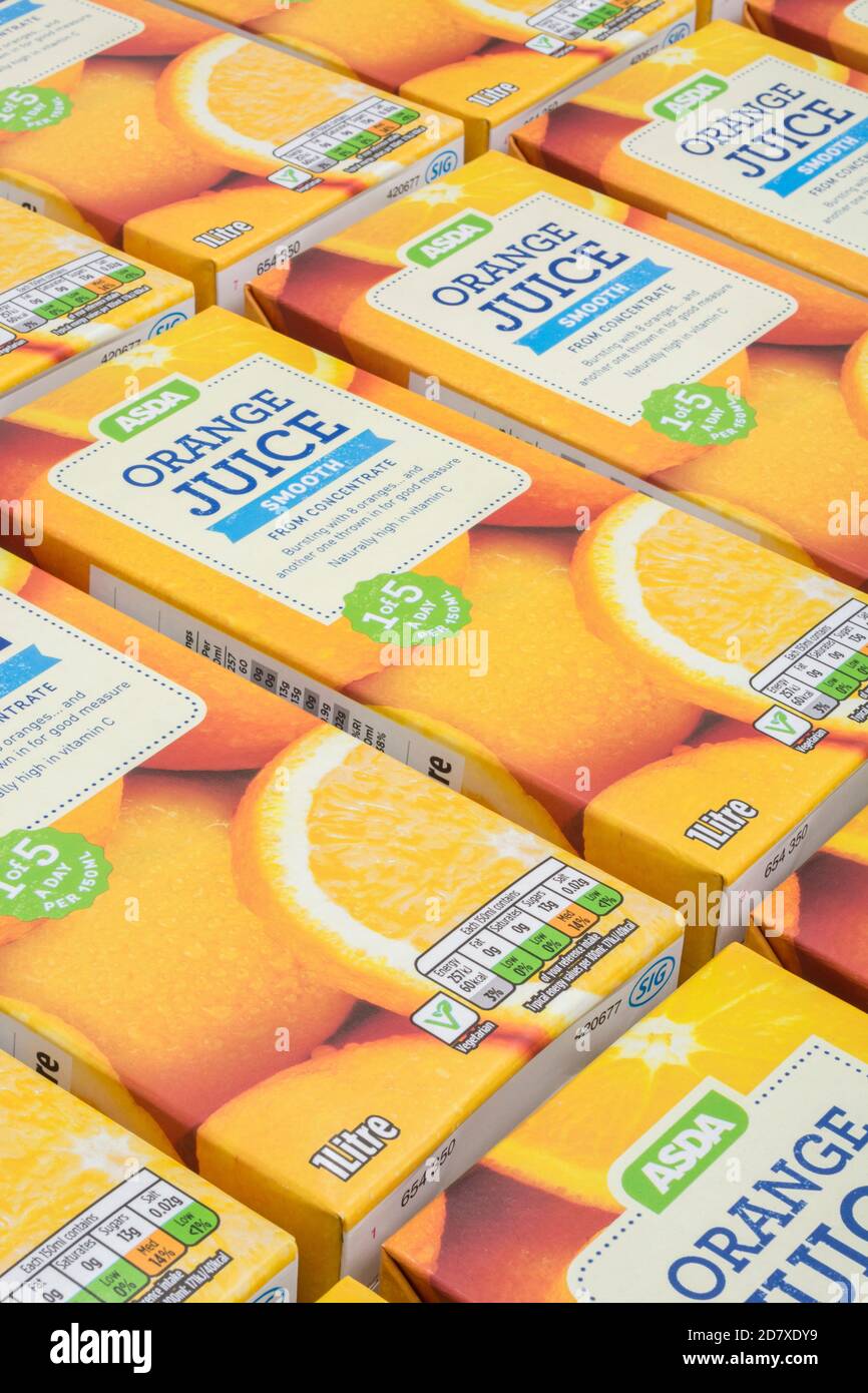 ASDA orange juice cartons & labelling showing sugar / carbohydrate