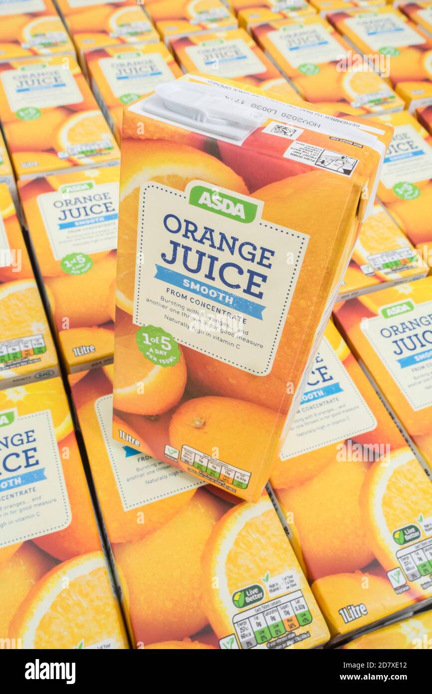 ASDA orange juice cartons & label, showing pack construction details