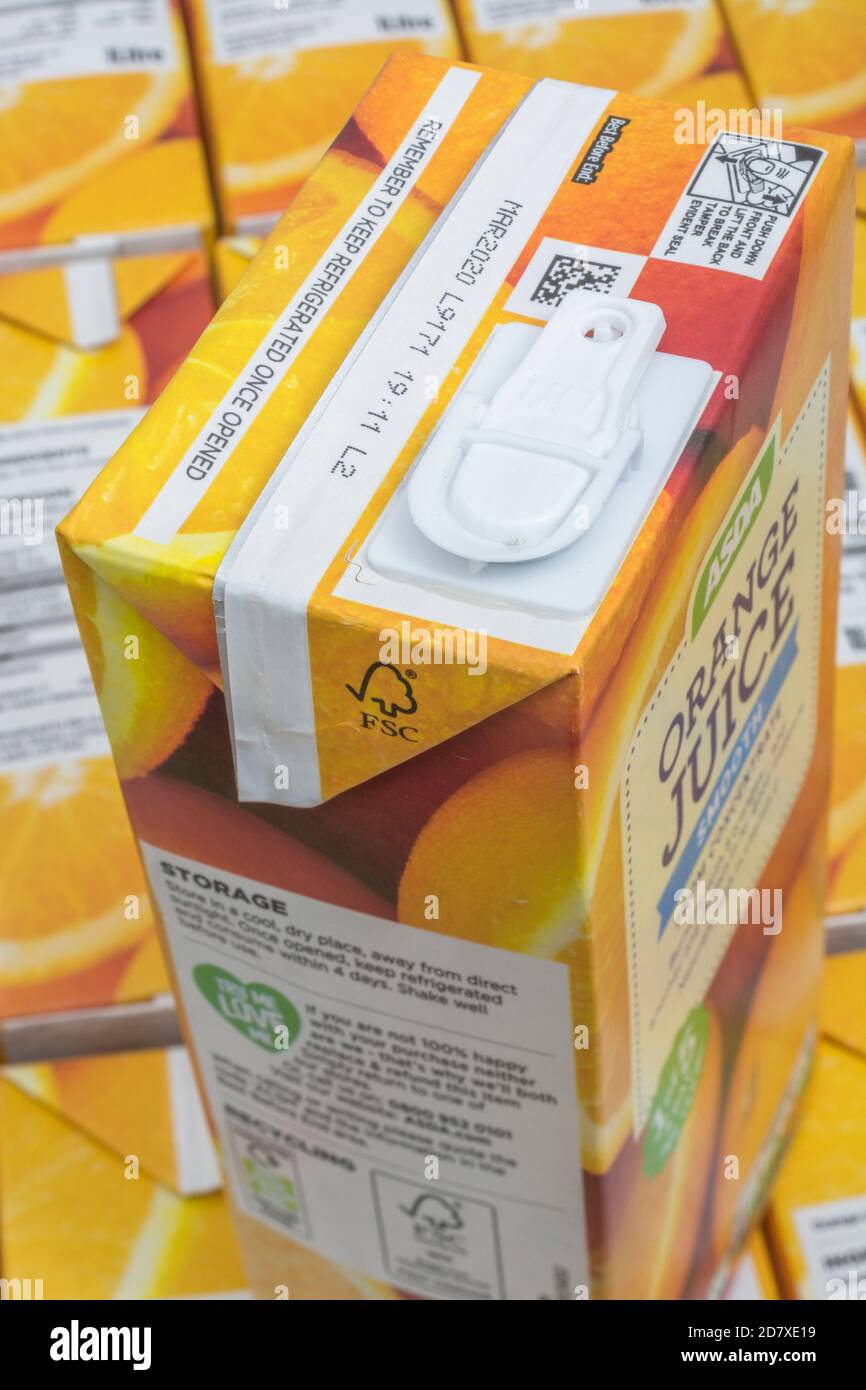 ASDA orange juice cartons & label, showing pack construction details