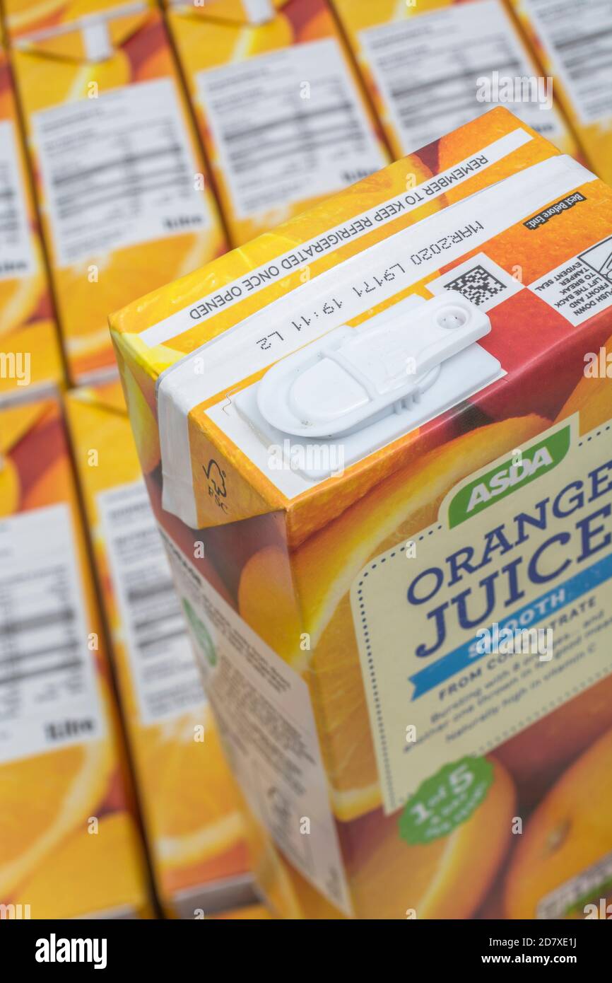 ASDA orange juice cartons & label, showing pack construction details