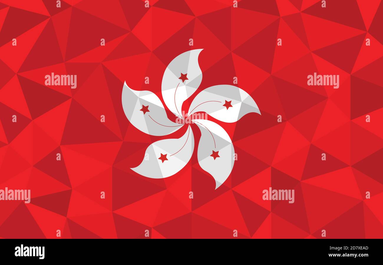 Low poly Hong Kong flag vector illustration. Triangular Hongkonger flag graphic. Hong Kong country flag is a symbol of independence. Stock Vector