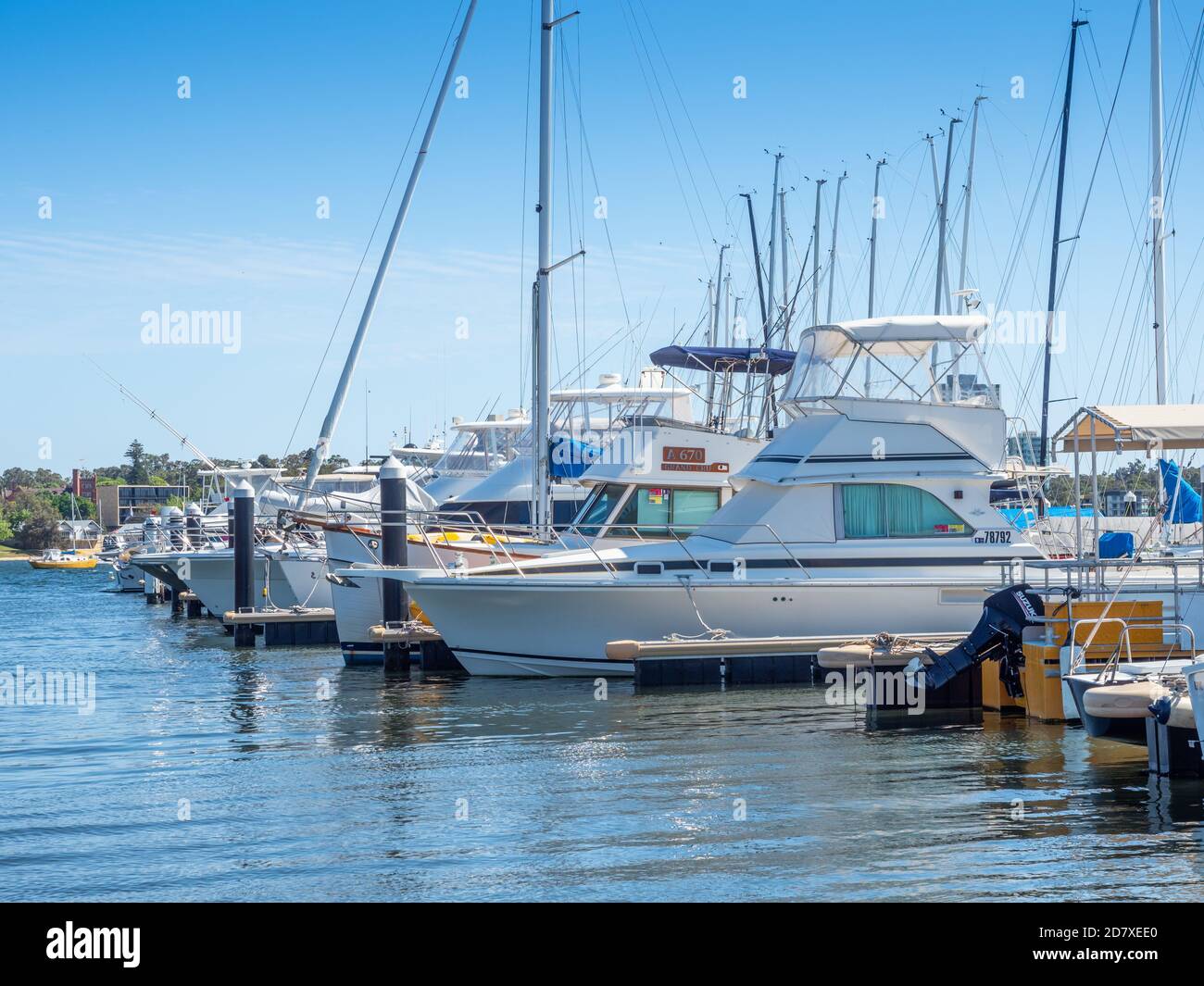 PERTH, WESTERN AUSTRALIA - OCTOBER 25, 2020: Boats lined up at the Royal Perth Yacht Club in Perth, Western Australia. Stock Photo