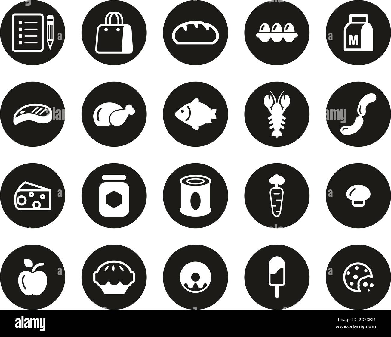 Grocery List Icons White On Black Flat Design Circle Set Big Stock ...