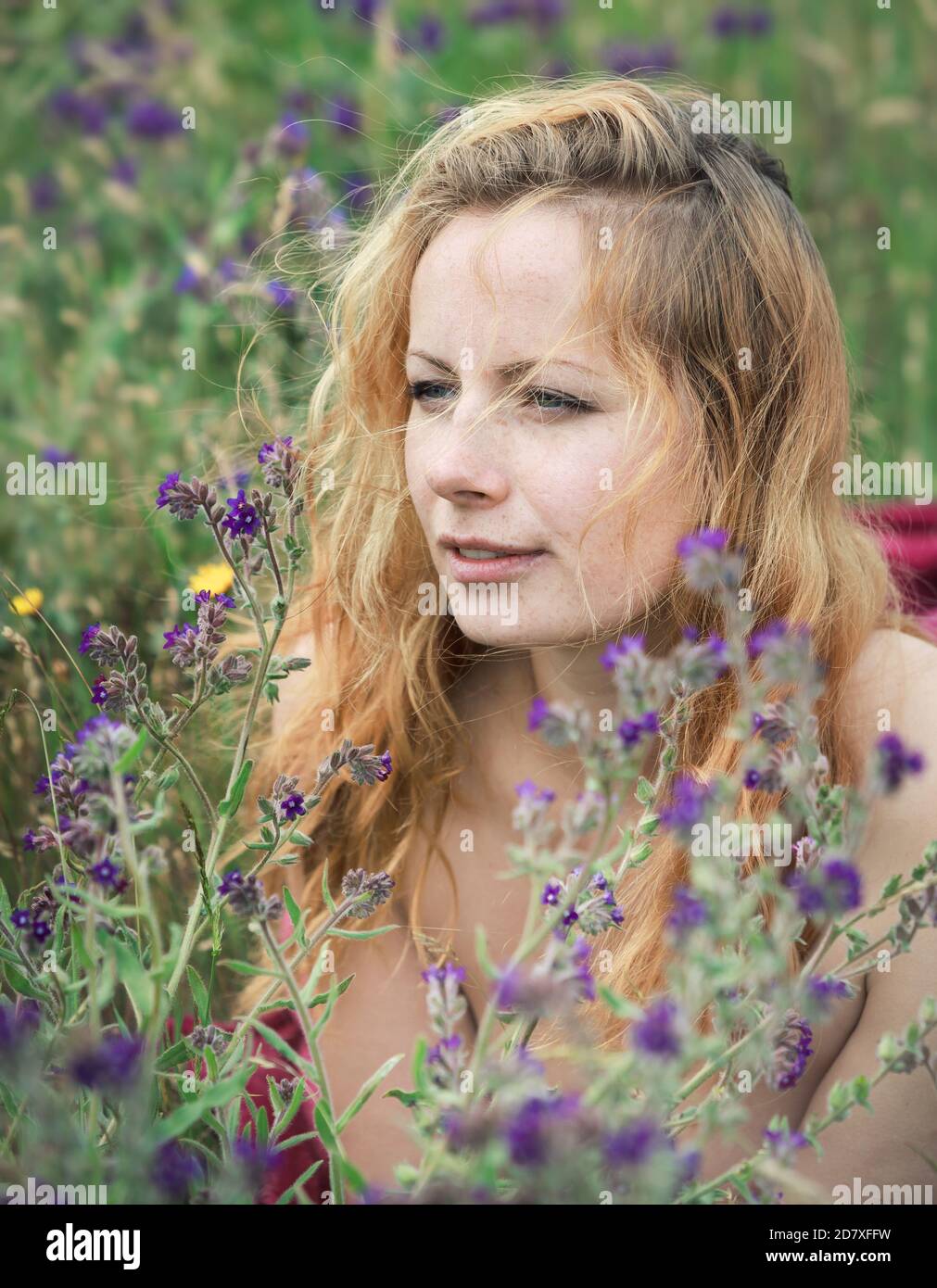Artistic portrait of freckled woman on natural background. Young woman enjoying nature among the flowers and grass. Close up summer portrait Stock Photo