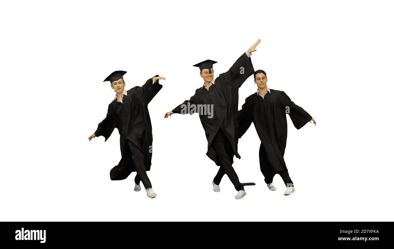 Three male graduates in robes and mortarboards dancing in synch Stock Photo