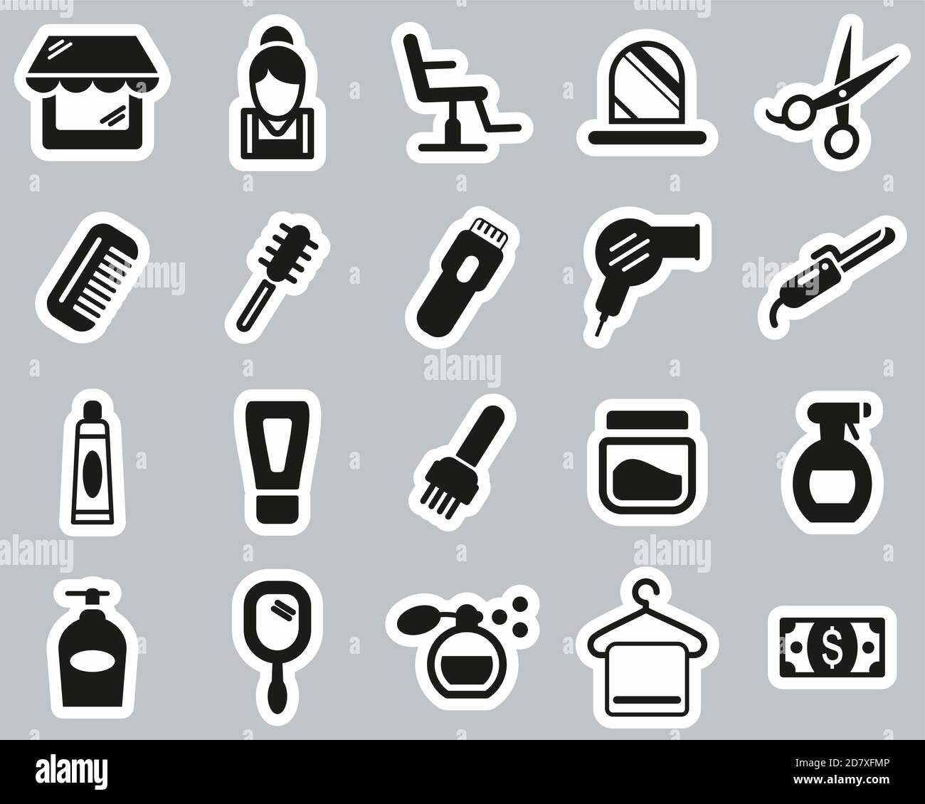 Hair Salon & Hair Salon Equipment Icons Black & White Sticker Set Big ...