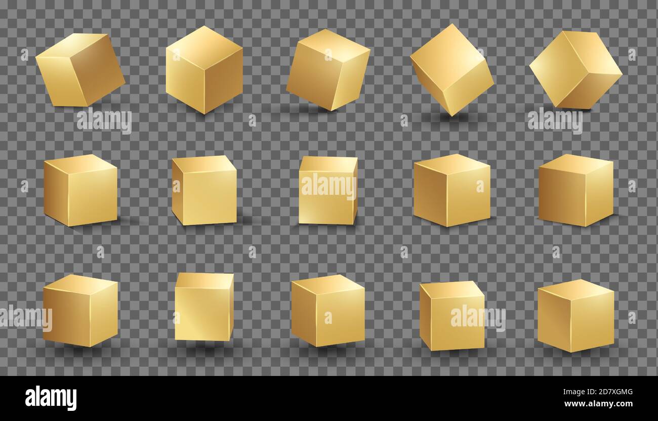 Golden cube. Gold box metallic shape. Vector square block set. Stock Vector
