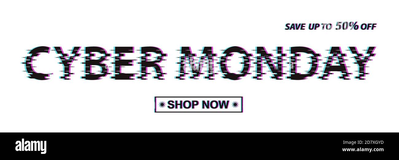 Cyber monday sale advirtising banner in glitch pattern. Special offer and discount on electronics and technology. Digital design vector illustration Stock Vector