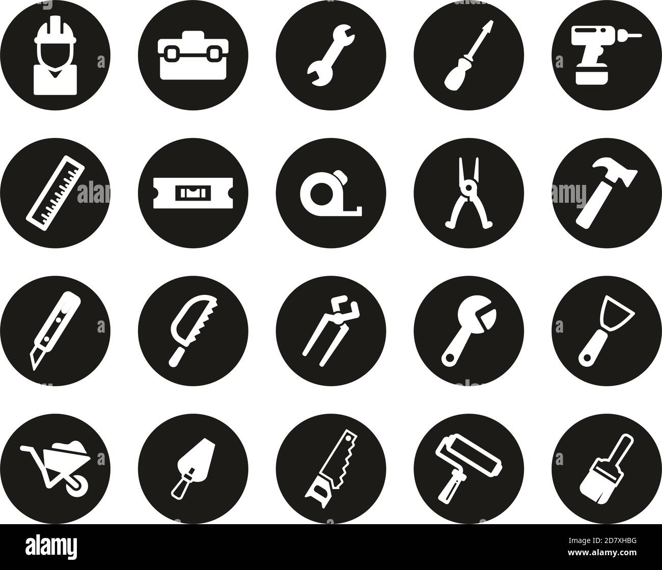 Handyman Tools & Equipment Icons White On Black Flat Design Circle Set